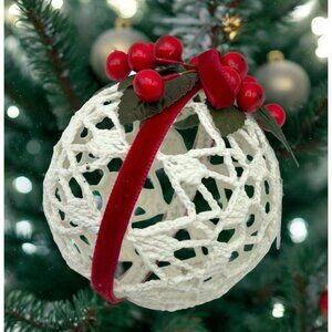 Handcrafted White Crochet Christmas Ornament Ball Starched Red Berries Ribbon